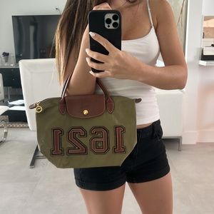 Longchamp women 1621 le pliage limited edition olive green and brown bag